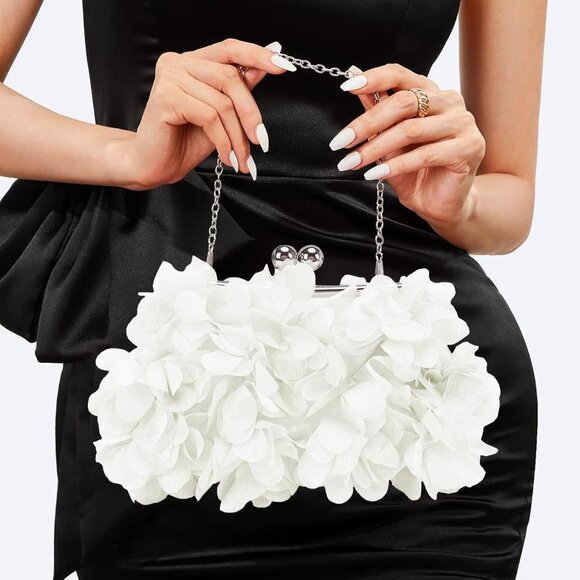 Women's White Floral Elegant Detachable Chain Party Wedding Prom Clutch Bag - Picture 8 of 8